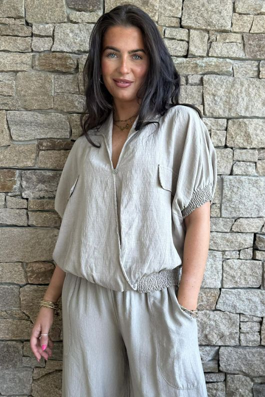 Basso Button Drape Cap Sleeve Shirt Earth